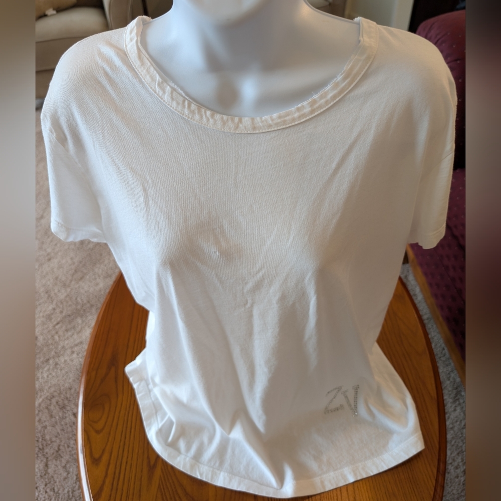 Zadig & Voltaire White Short Sleeve Tee With Rhinestone Logo - Size S